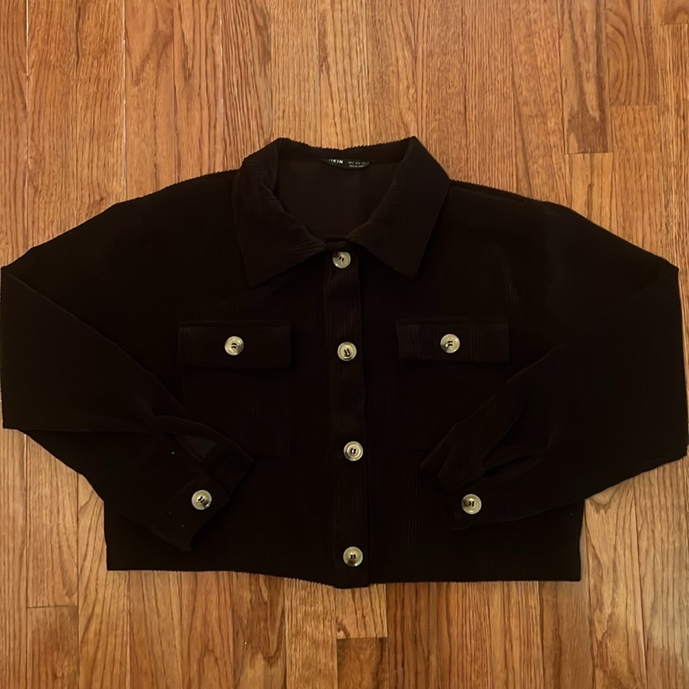 SHEIN Corduroy Cropped Casual Button Down Collared Black Shacket Women’s Small